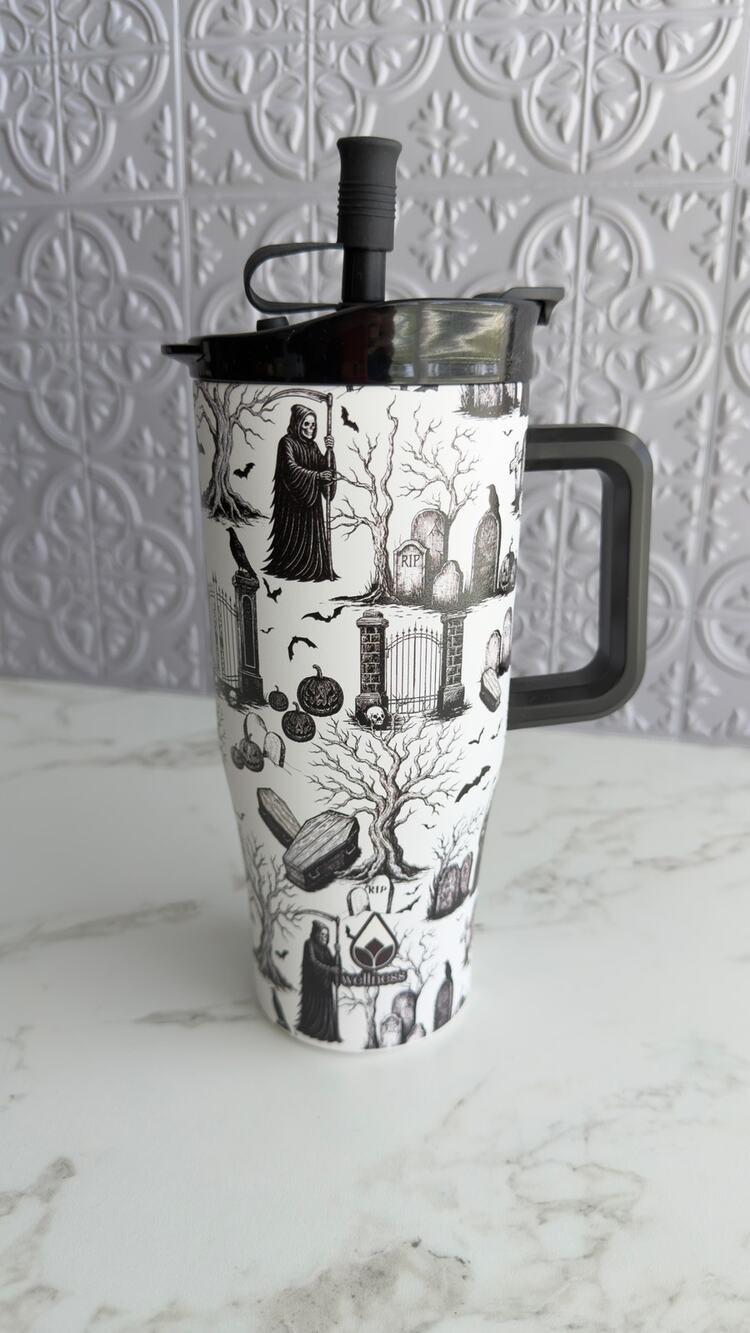 Wellness 30 oz Stainless Steel Tumbler Halloween Graveyard Grim Reaper NWT